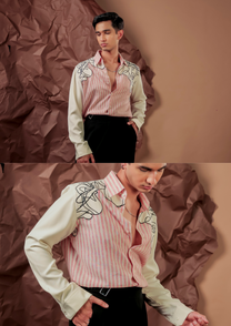 Man wearing HORD Sci-Fic pink pinstripe shirt with white line-art floral illustration, full body and detail collage