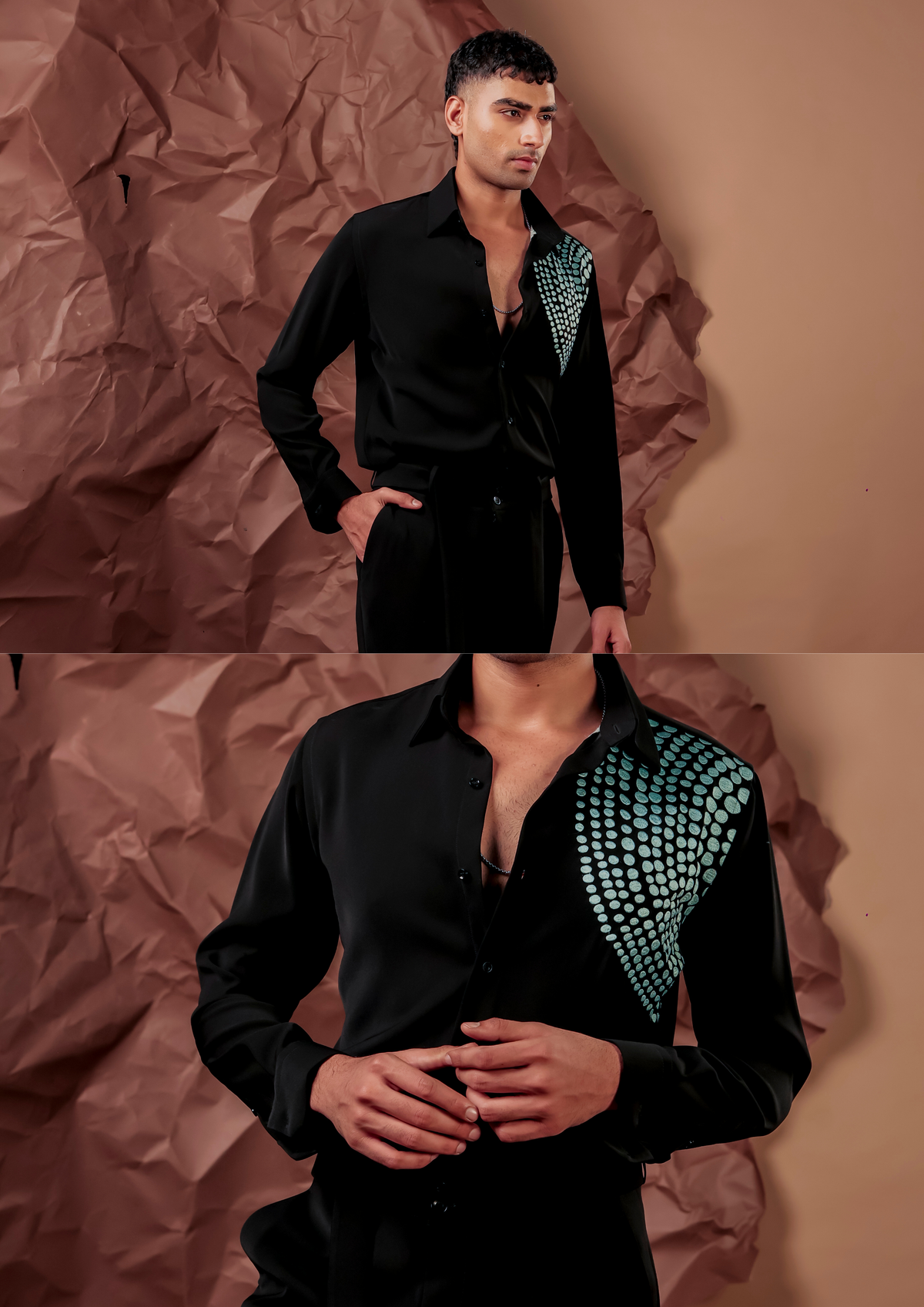 Close-up of HORD Dot AF shirt showing aqua-green dot embellishment on black shoulder