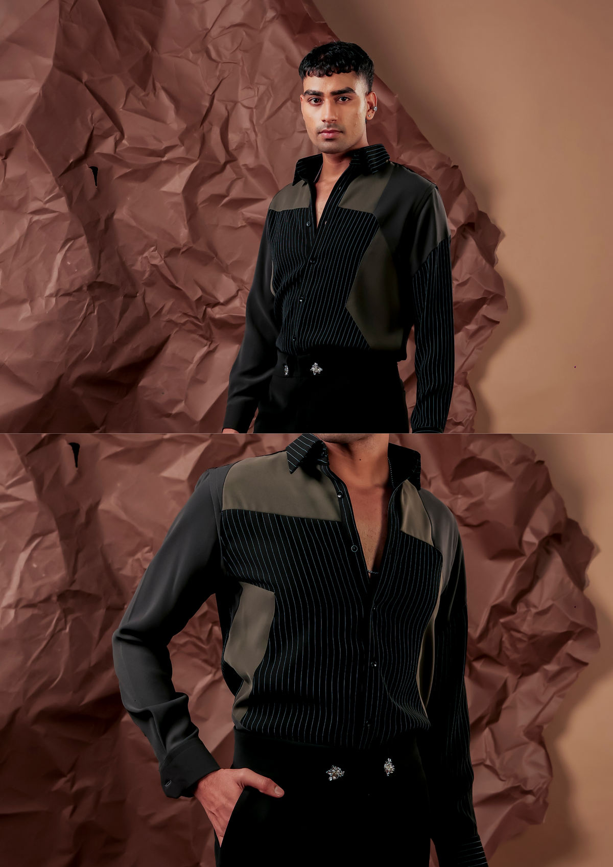 Man wearing HORD Zebra Crossing black shirt with olive colorblock pinstripe panel, full body and detail collage