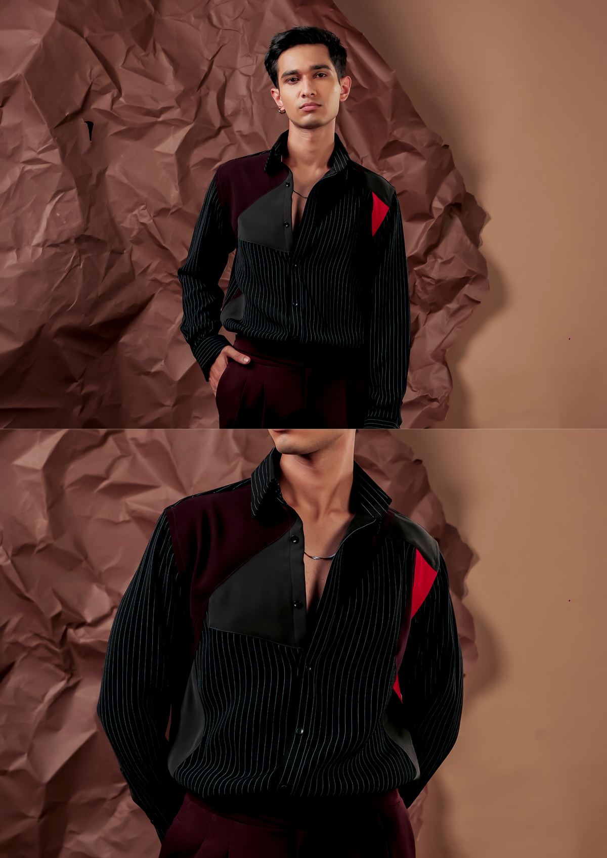 Close-up of HORD Thin Crust shirt showing black pinstripe, solid black chest block and red shoulder wedge