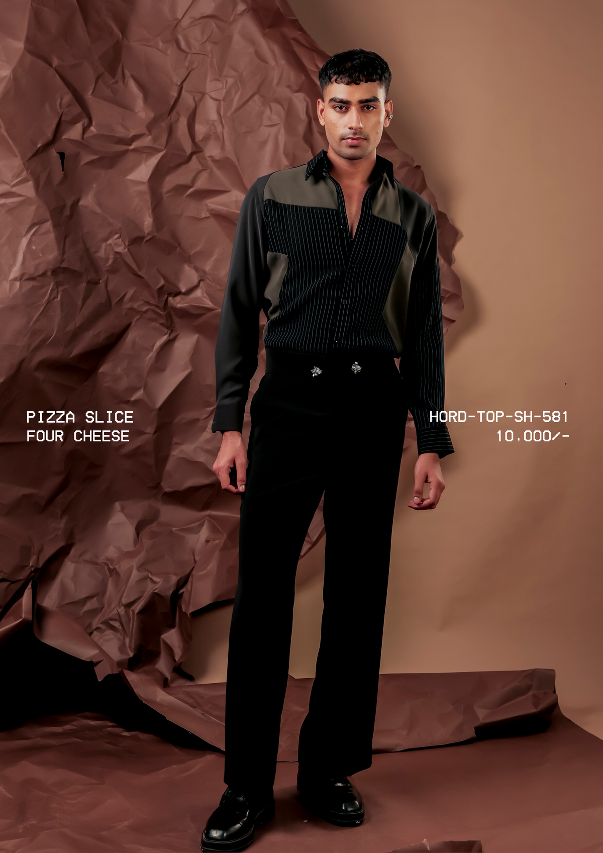 Man wearing HORD Four Cheese black pinstripe shirt with olive shoulder and side panels, full-length studio shot