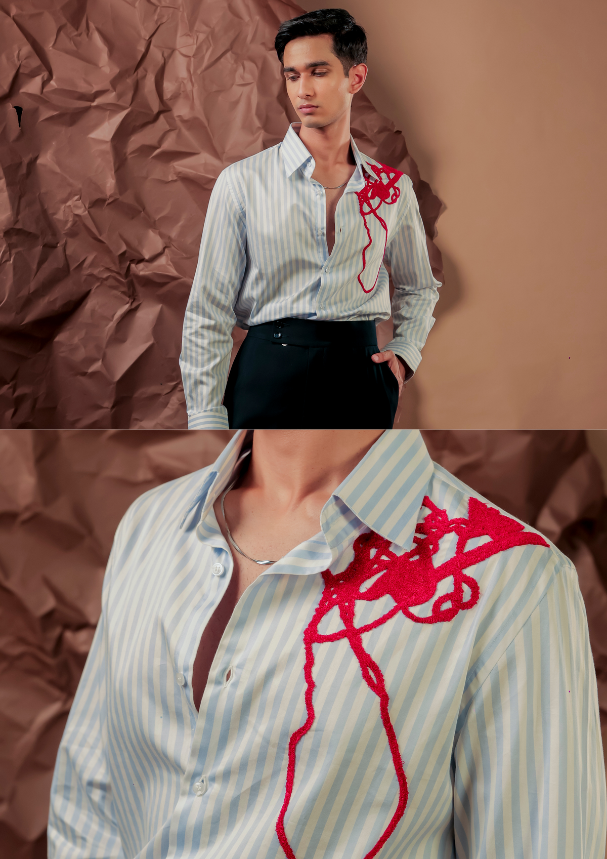 Man wearing HORD Stripe Tease light blue pinstripe shirt with red embroidered squiggle, full body and detail collage