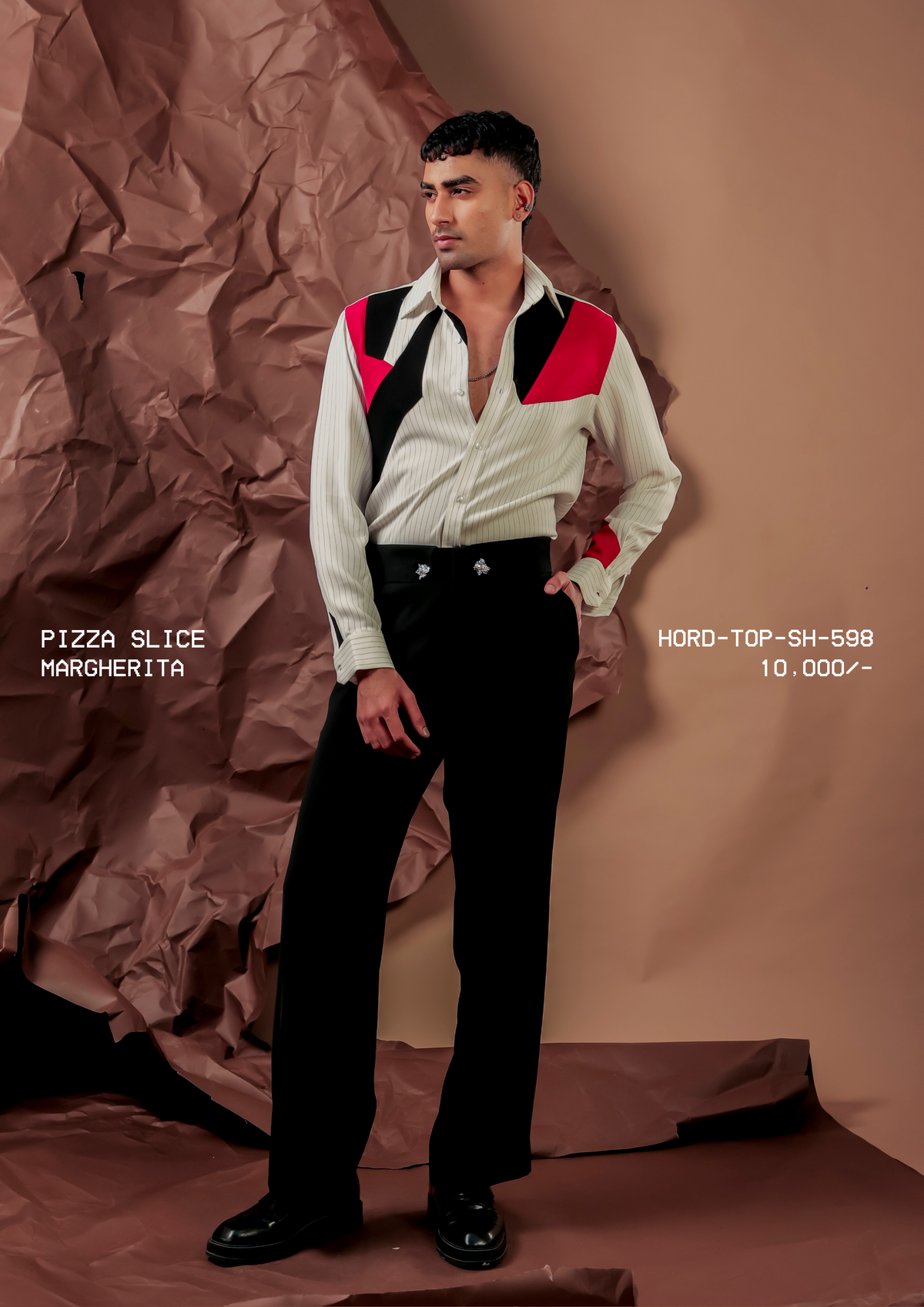 Man wearing HORD Margherita cream pinstripe shirt with black and red shoulder panels, full-length studio shot