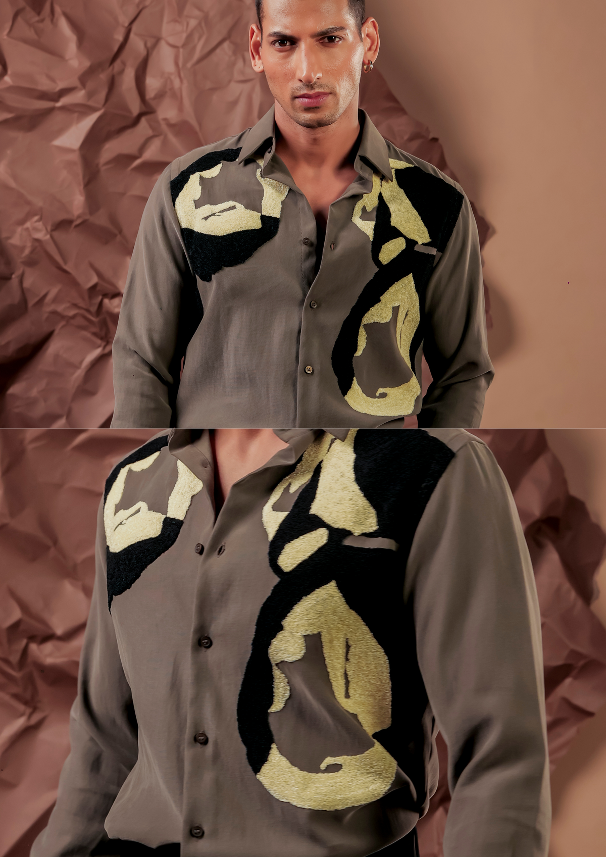 Man wearing HORD Three Tone olive shirt with camouflage-inspired patch pattern, full body and detail collage