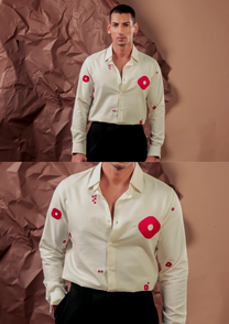 Man wearing HORD Scattered and Flattered ivory shirt with pink polka dot appliques, full body and detail collage