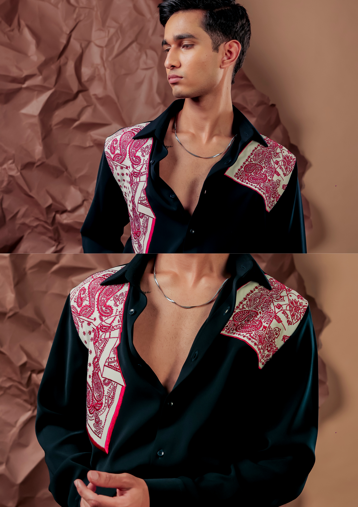 Close-up of HORD Crease Culture shirt showing folded red and ivory paisley bandana panels on navy shoulders