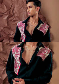 Close-up of HORD Crease Culture shirt showing folded red and ivory paisley bandana panels on navy shoulders
