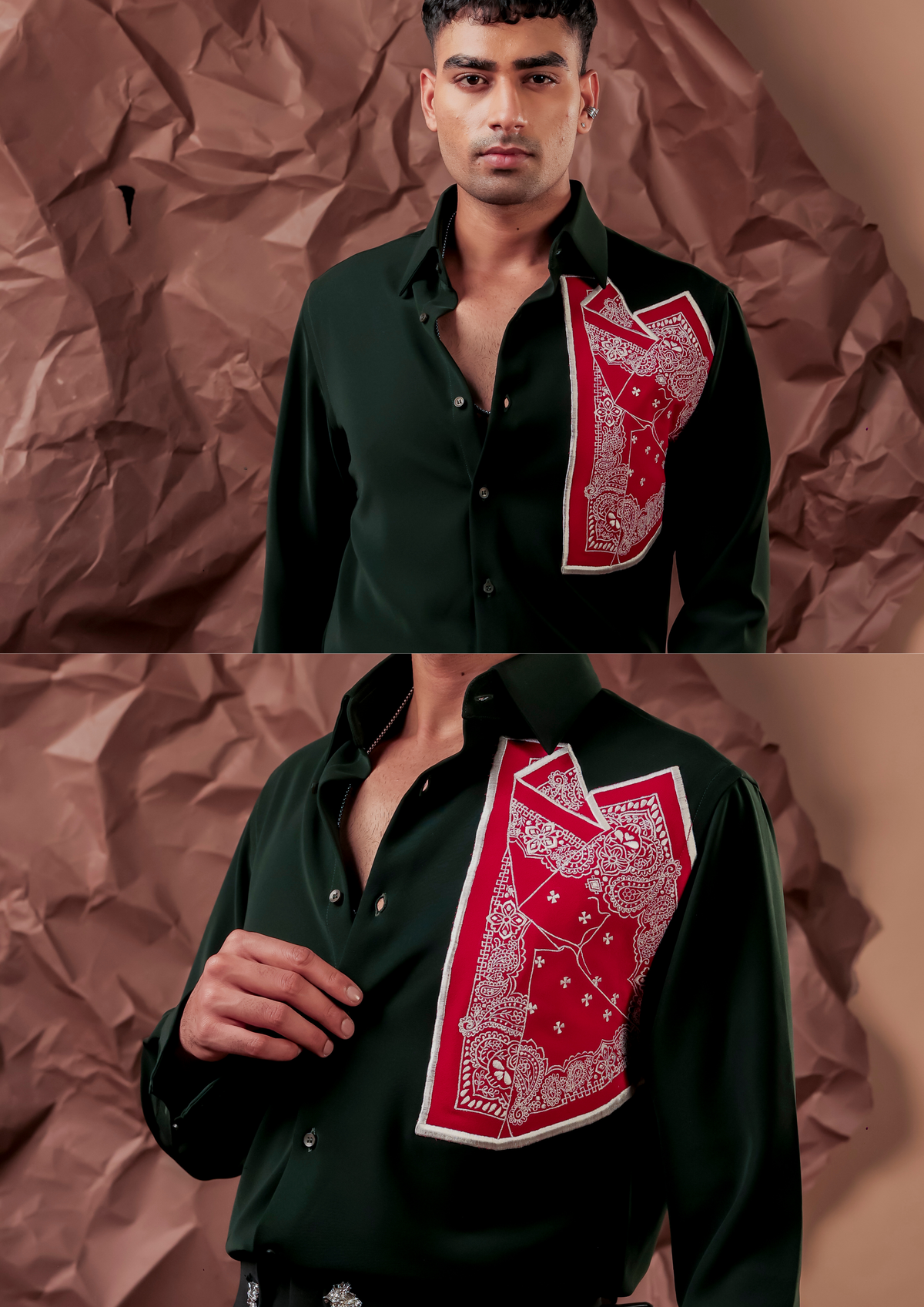 Close-up of HORD Wrynk shirt showing folded red paisley bandana panel on bottle green chest