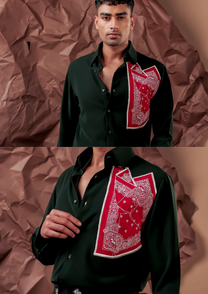 Close-up of HORD Wrynk shirt showing folded red paisley bandana panel on bottle green chest
