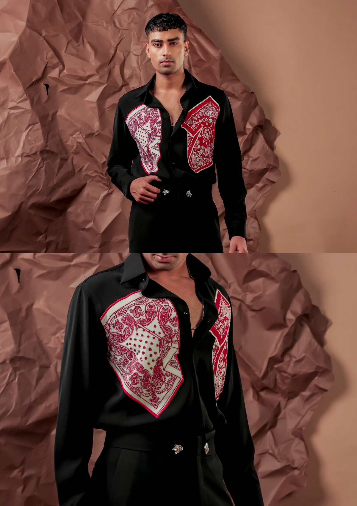 Close-up of HORD Bandra Boy shirt showing red paisley and ivory polka-dot bandana panels on black