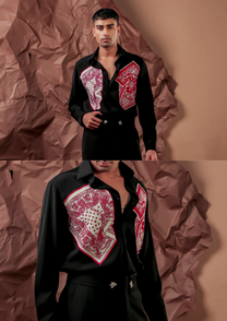 Close-up of HORD Bandra Boy shirt showing red paisley and ivory polka-dot bandana panels on black