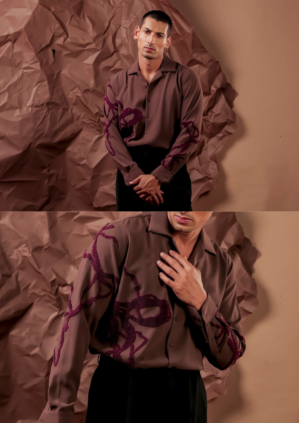 Man wearing HORD Destroyed Face taupe shirt with burgundy abstract scribble print, full body and detail collage