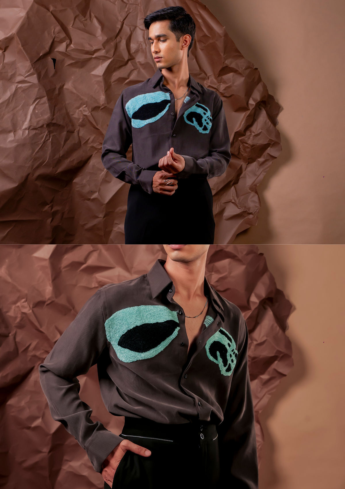 Man wearing HORD Quater Tone charcoal shirt with teal and black abstract print, full body and detail collage