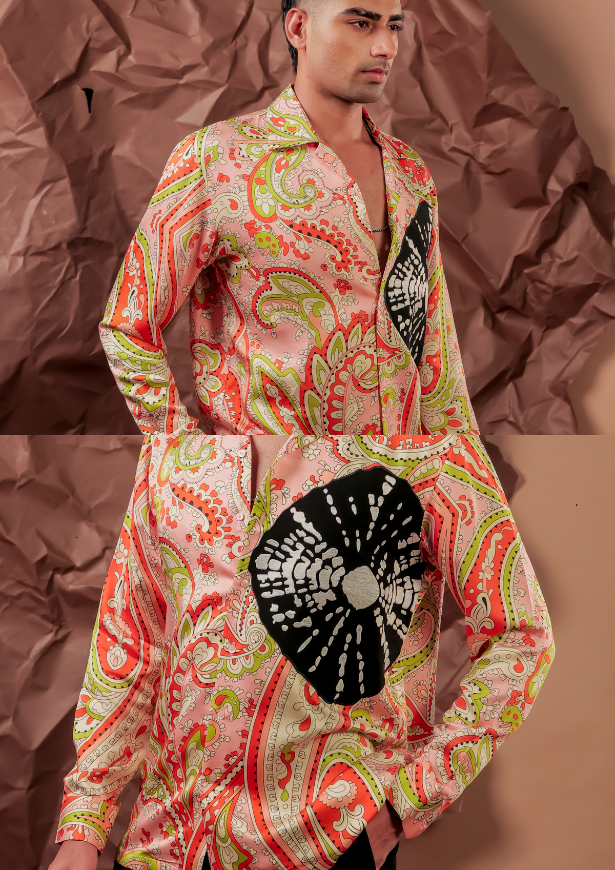 Close-up of HORD Export Quality shirt showing black fan embroidery on coral and lime paisley print