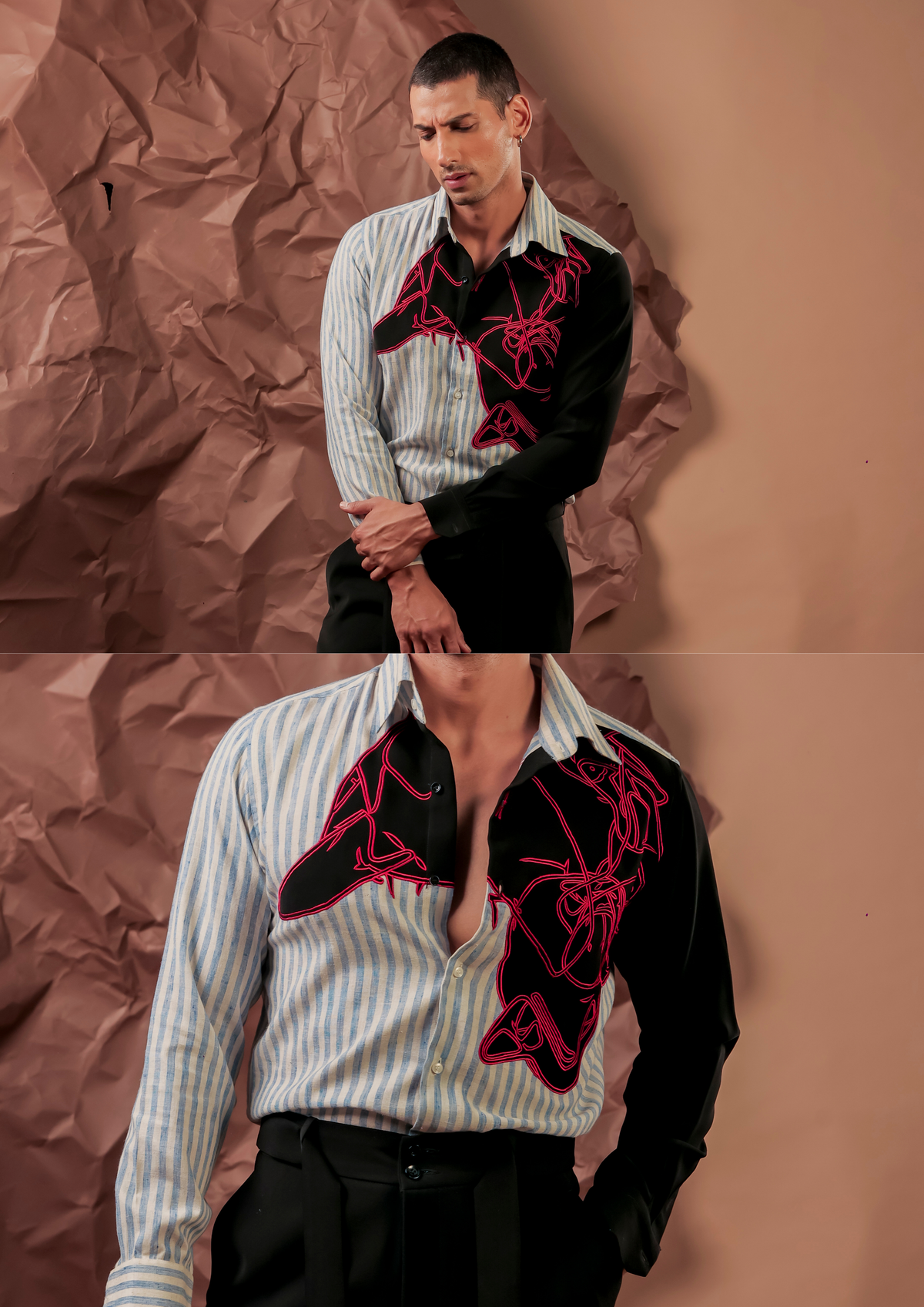 Man wearing HORD Trash Can blue and white striped shirt with black panel and red cord embroidery, full body and detail collage