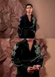 Man wearing HORD Fallen Tapes black shirt with sage green tangled cord embroidery, full body and detail collage