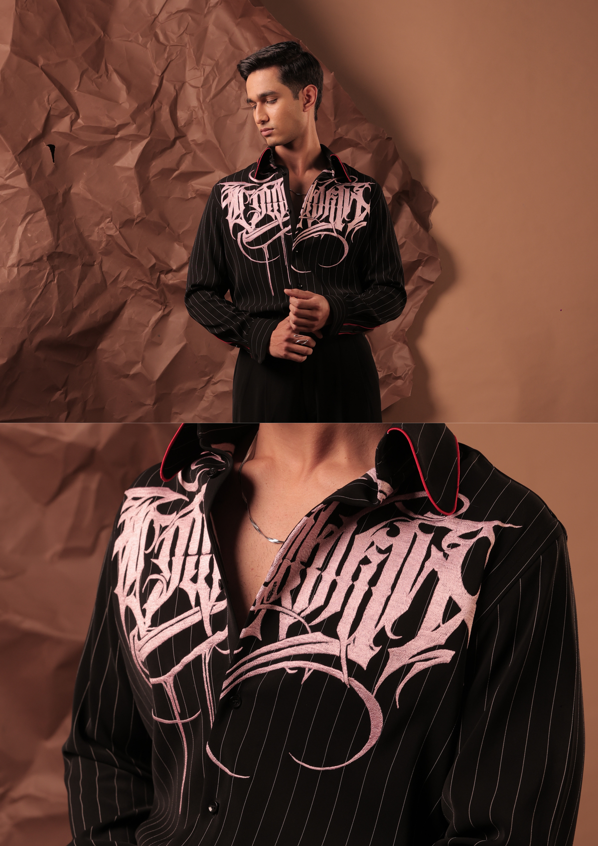 Close-up of HORD Street Culture shirt showing blush pink gothic script embroidery on black pinstripe