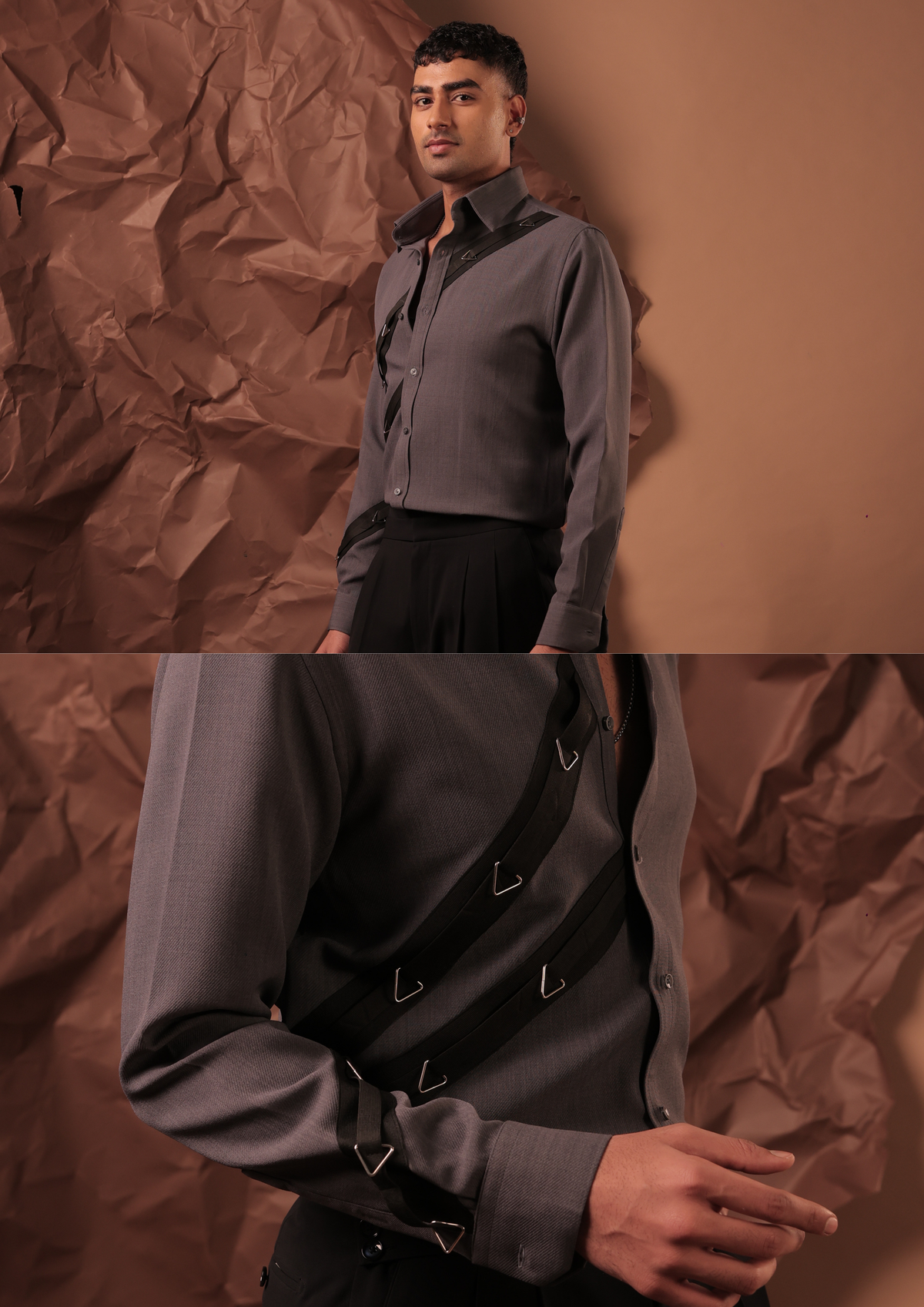 Close-up of HORD Depature Dept shirt showing black strap with silver triangle rings on grey sleeve