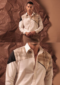 Man wearing HORD Fabric Friction white shirt with black and tan textured panel, full body and detail collage