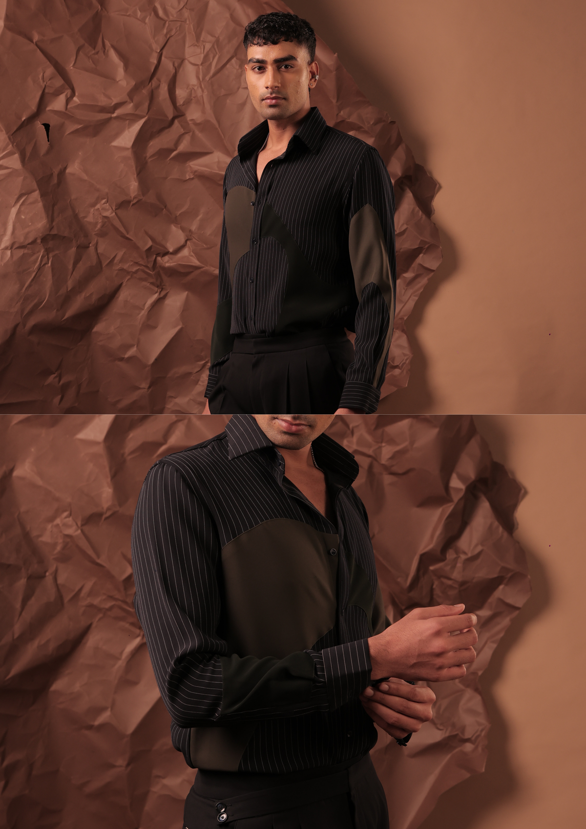 Detail of HORD Hand Tossed shirt showing olive panel meeting black pinstripe at the chest