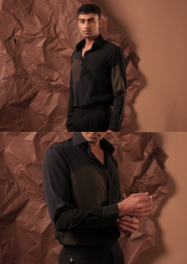 Detail of HORD Hand Tossed shirt showing olive panel meeting black pinstripe at the chest