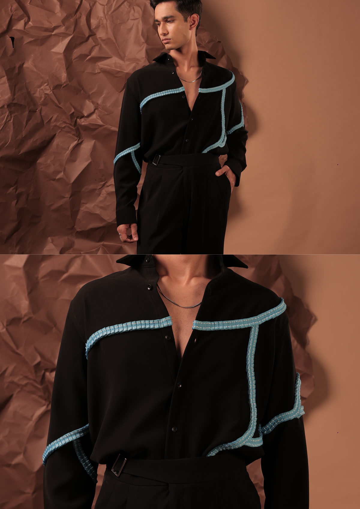 Man wearing HORD Thy black shirt with light blue crochet cord piping, full body and detail collage