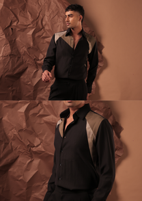 Man wearing HORD Discord Of Harmony black shirt with olive and tan shoulder panel, full body and detail collage