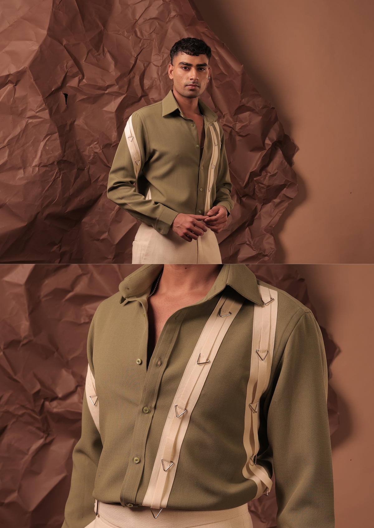 Close-up of HORD Business Class shirt showing cream vertical straps with silver triangle rings on olive