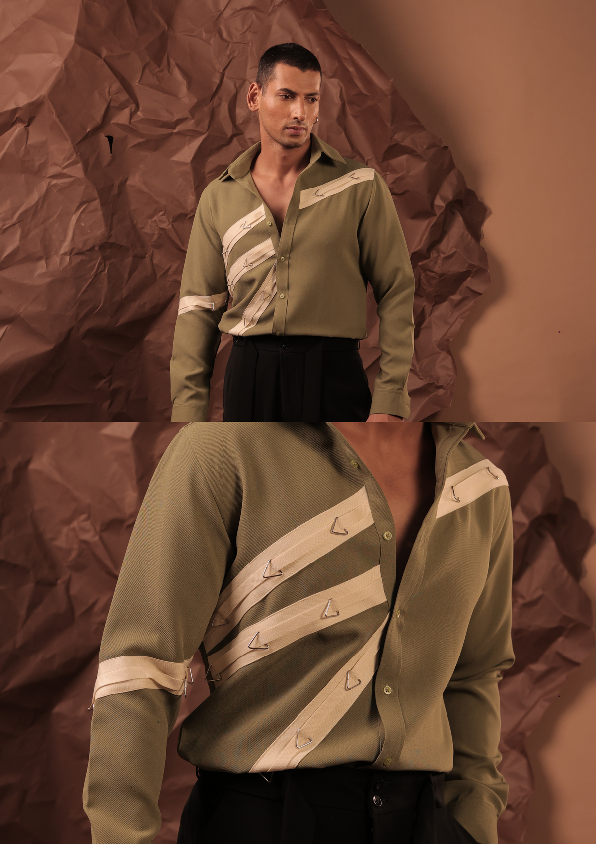 Close-up of HORD Terminal Boys shirt showing cream diagonal straps with silver triangle rings on sage