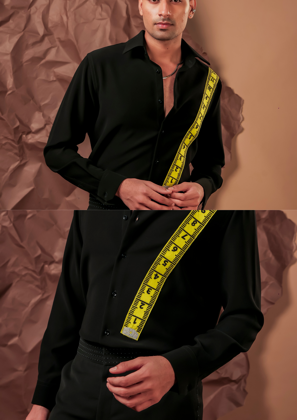 Man wearing HORD Inchi Tapes black shirt with yellow measuring tape print, full body and detail collage