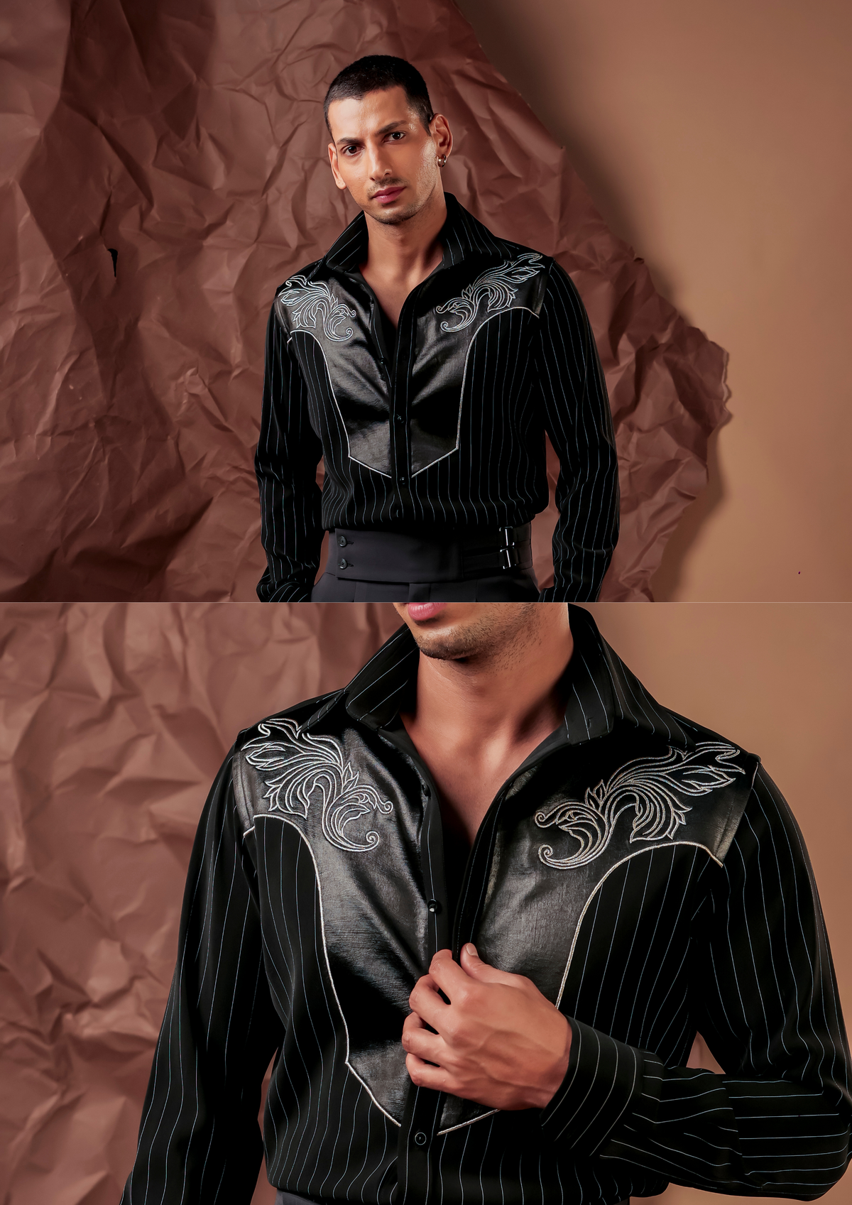 Man wearing HORD Last Bullet black pinstriped shirt with black western yoke and silver embroidery, full body and detail collage