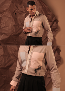Man wearing HORD Duplet taupe shirt with two-tone patch pockets and spider embroidery, full body and detail collage
