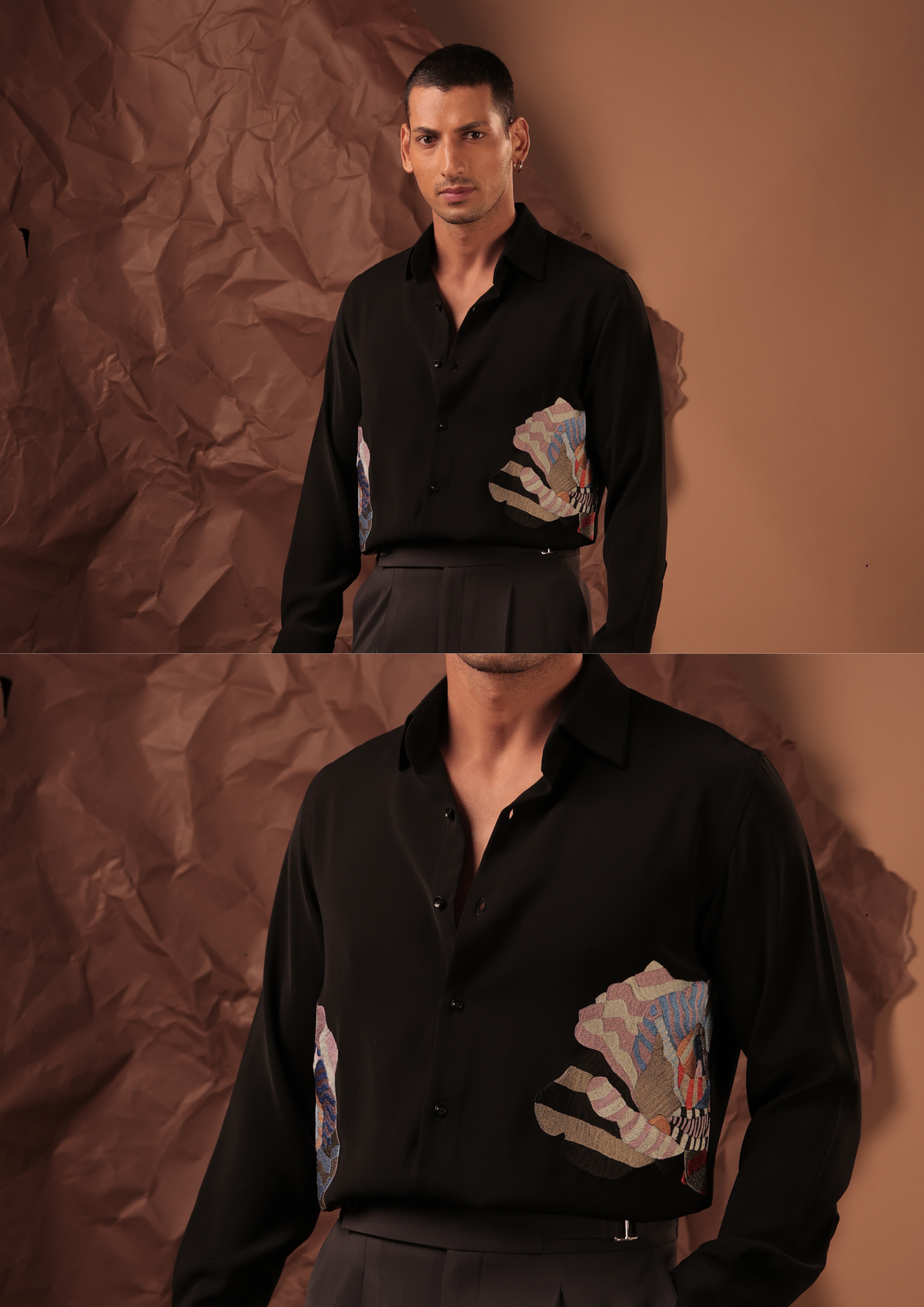 Man wearing HORD Copy Paste black shirt with colorful patchwork panel, full body and detail collage