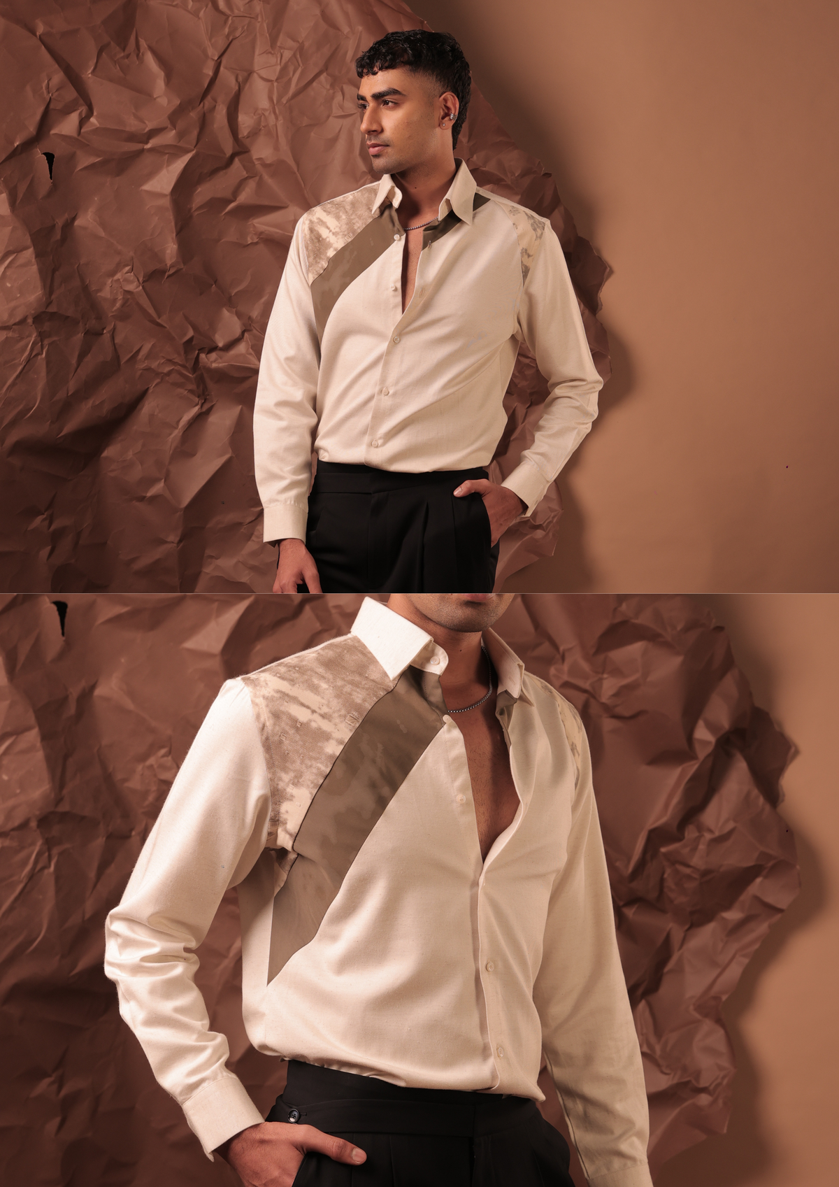 Man wearing HORD Collision Course ivory shirt with tan diagonal satin band, full body and detail collage