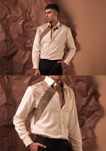 Man wearing HORD Collision Course ivory shirt with tan diagonal satin band, full body and detail collage