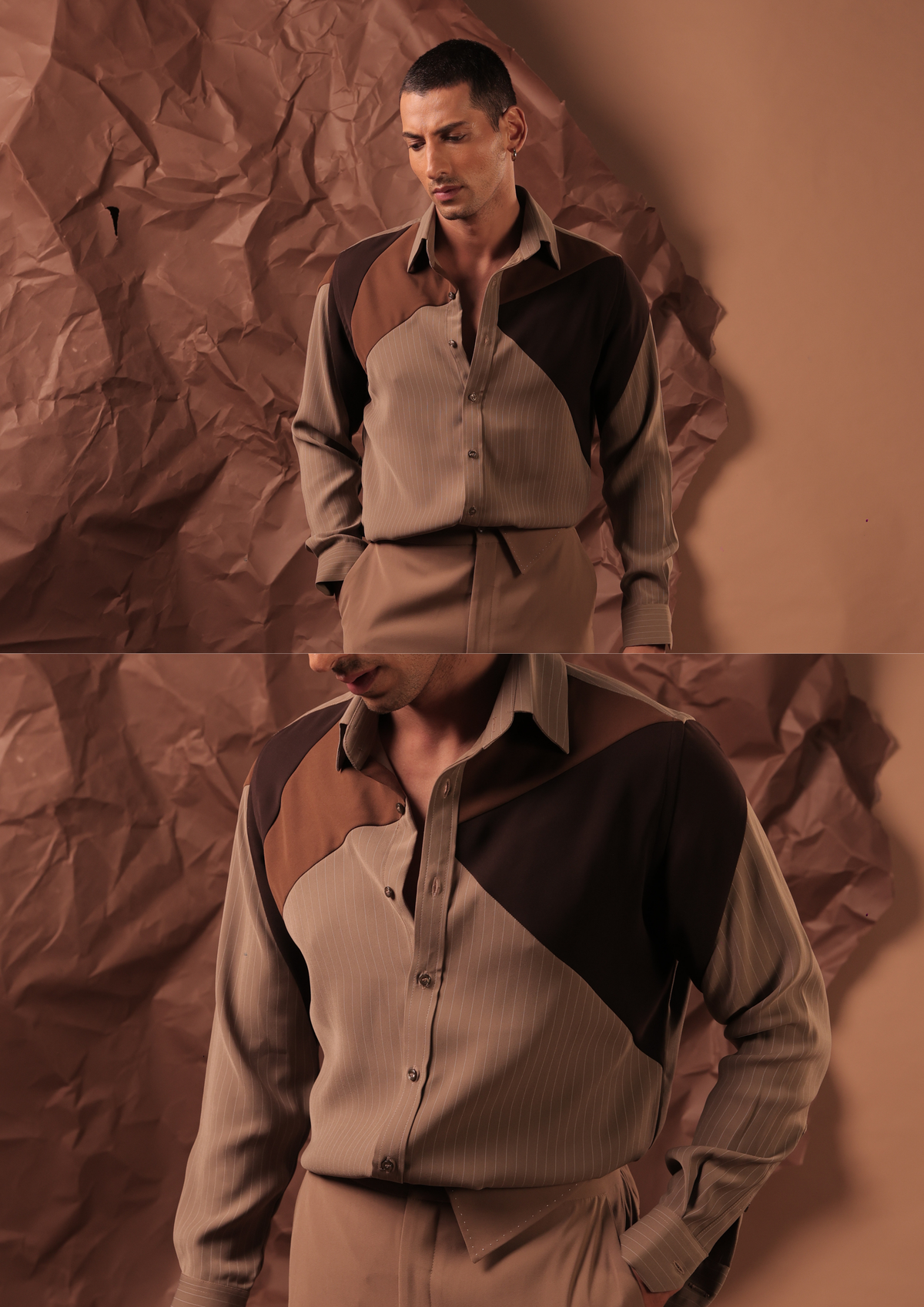 Close-up of HORD Deep Dish shirt showing chocolate and tan angular panels on taupe pinstripe