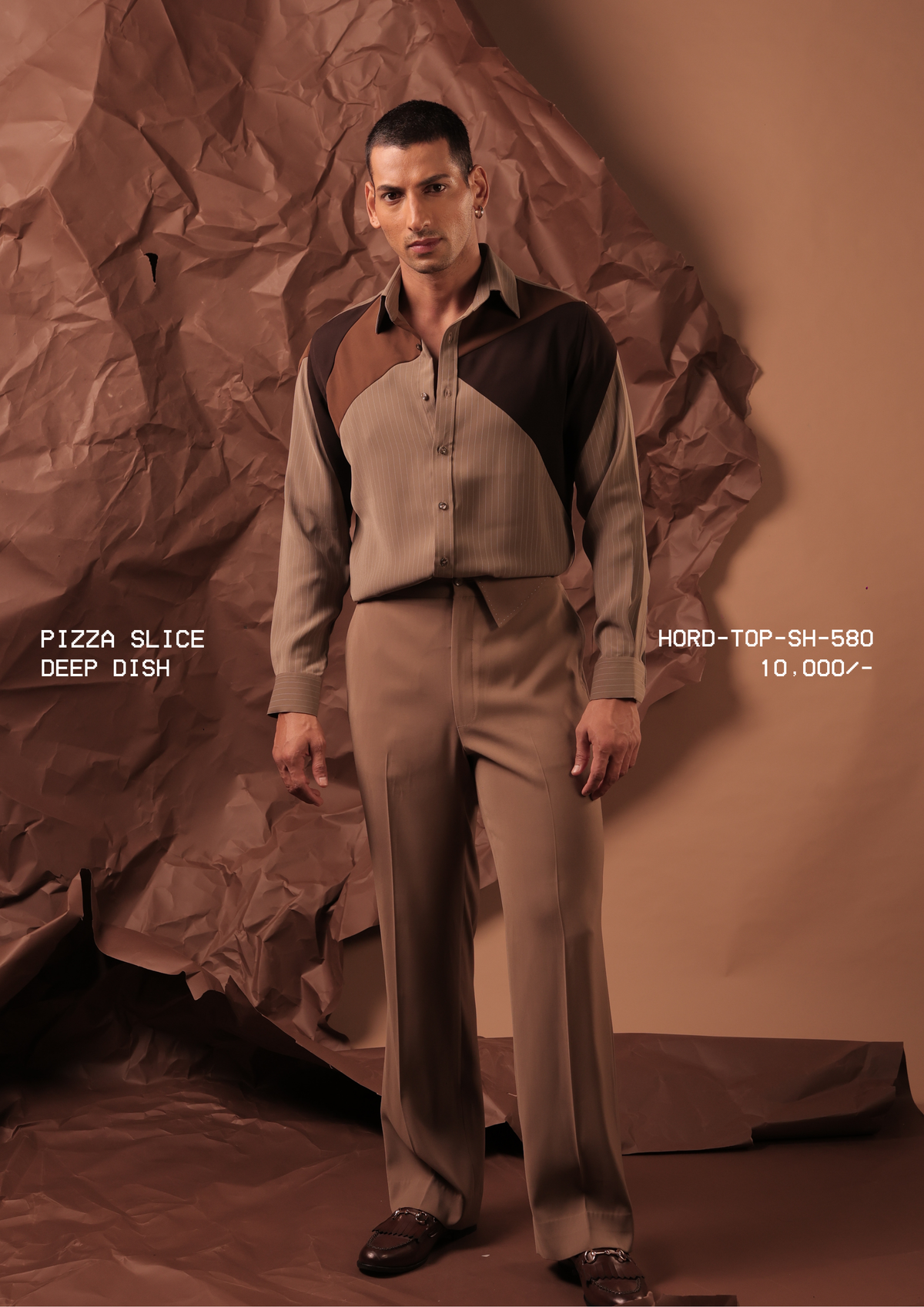 Man wearing HORD Deep Dish taupe pinstripe shirt with chocolate and tan yoke panels, full-length studio shot