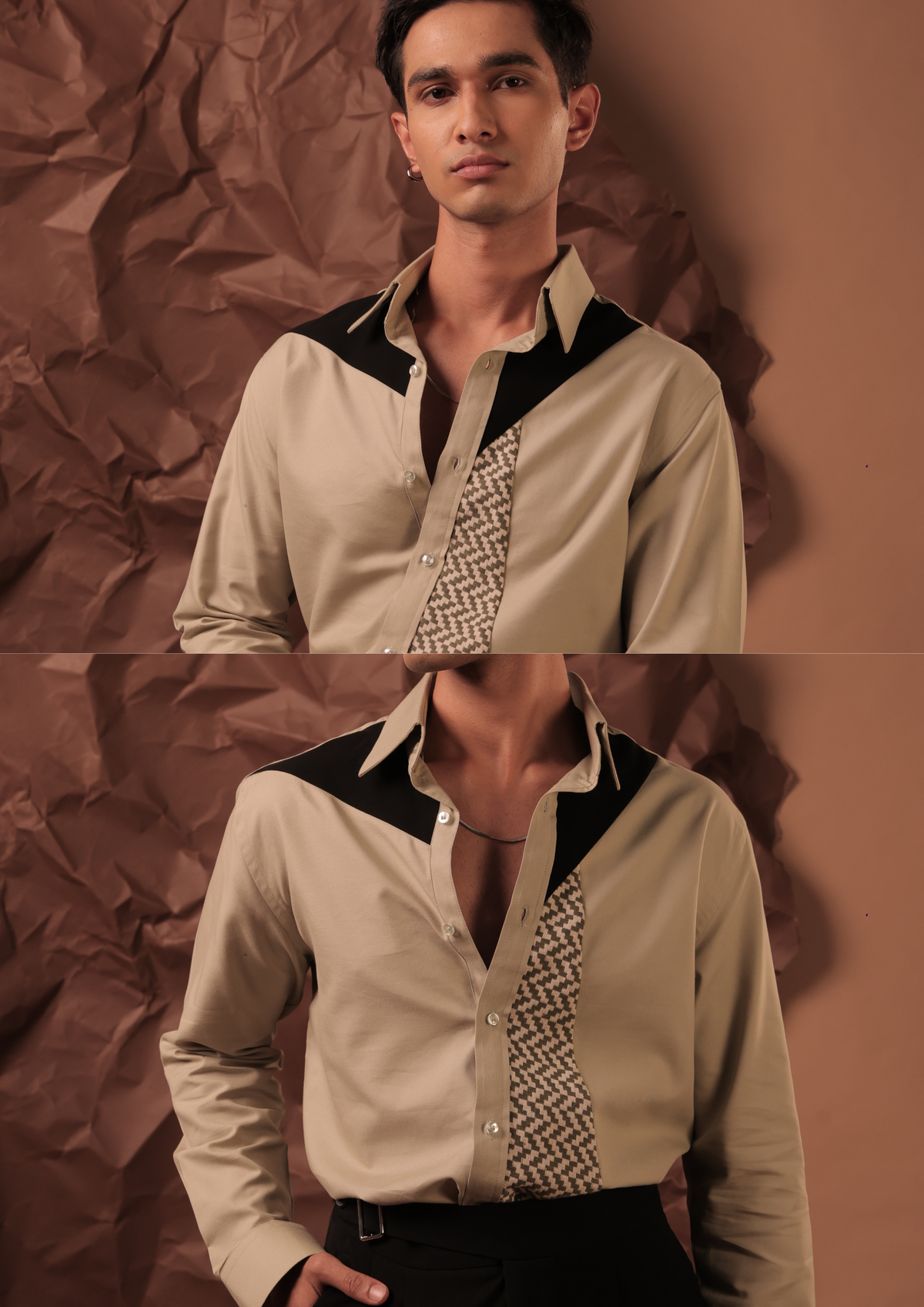 Man wearing HORD Pattern Politics khaki shirt with black collar panel and chevron print, full body and detail collage