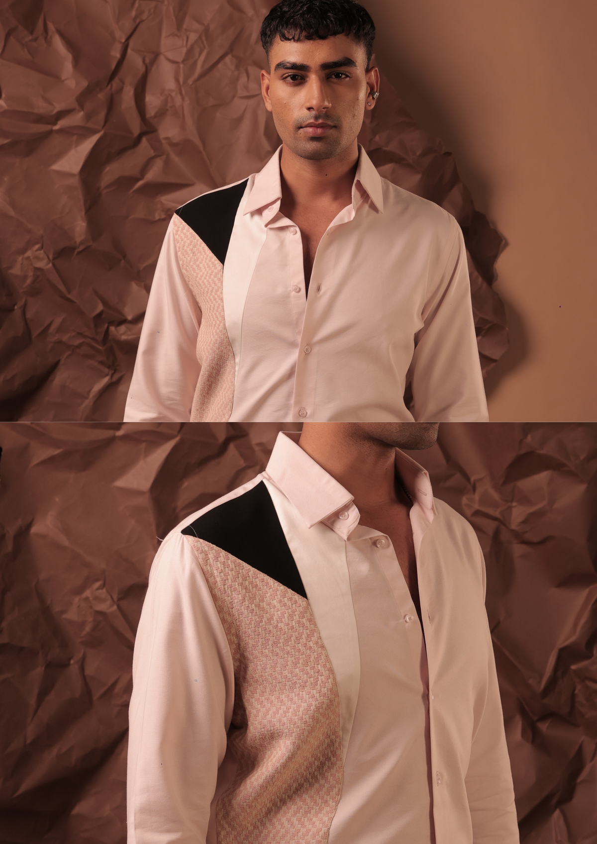 Man wearing HORD Organized Chaos blush pink shirt with black triangular panel, full body and detail collage