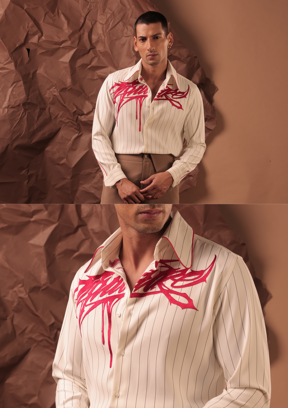 Close-up of HORD Kulture shirt showing fuchsia graffiti embroidery and pink-piped collar on ivory pinstripe