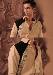 Man wearing HORD Clash Course tan shirt with black panel and camo print, full body and detail collage