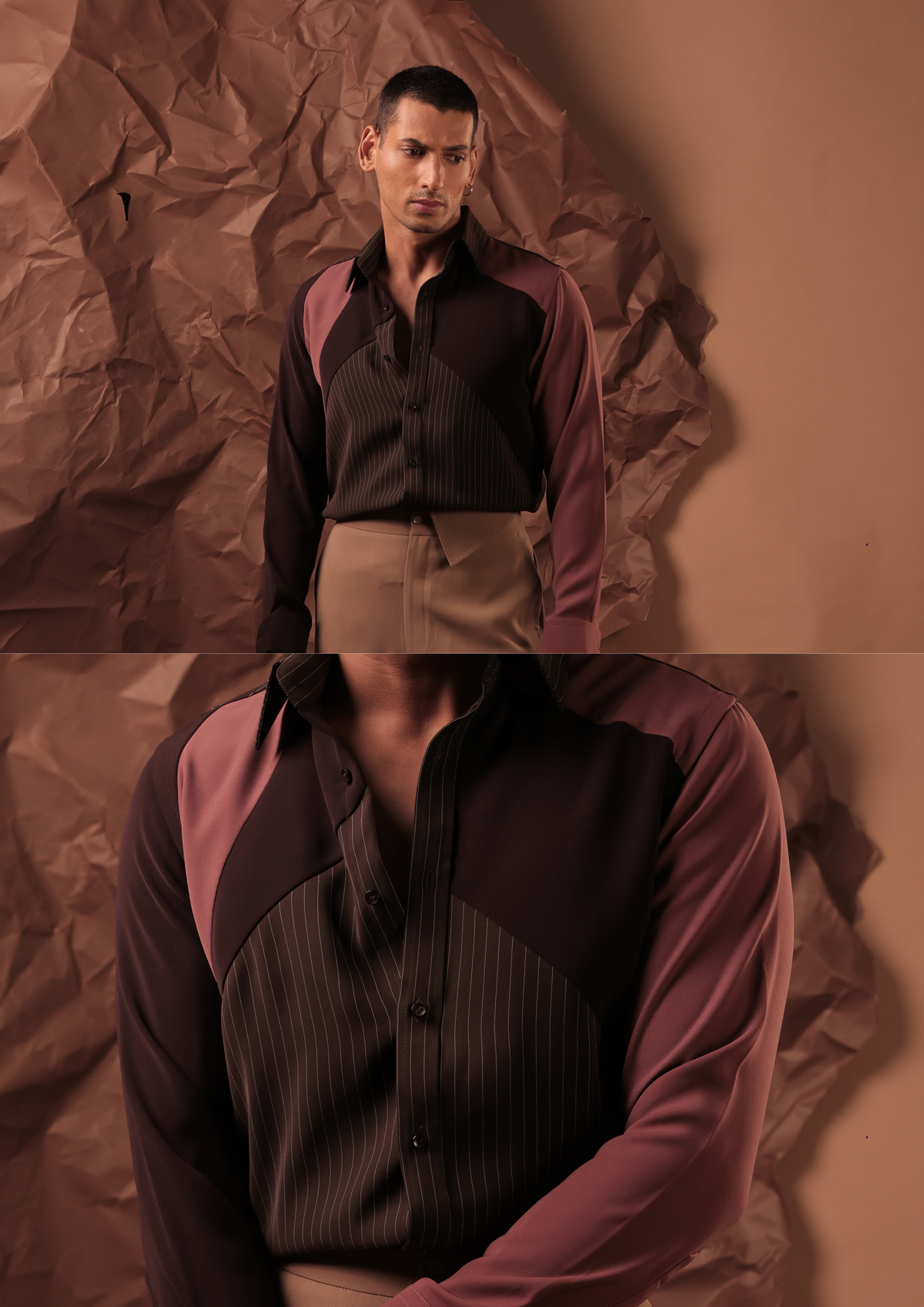Detail of HORD Marinara shirt showing dusty rose sleeve, brown yoke and pinstripe front