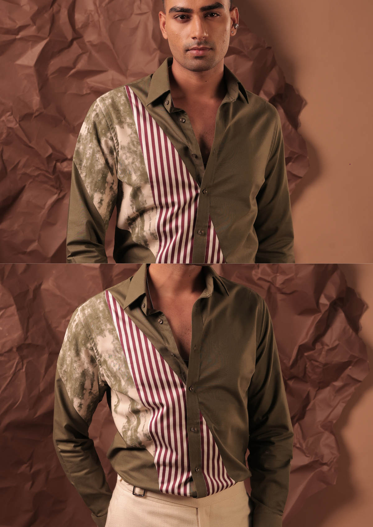 Man wearing HORD Texture Tension olive shirt with camo panel and striped band, full body and detail collage