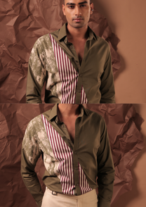 Man wearing HORD Texture Tension olive shirt with camo panel and striped band, full body and detail collage