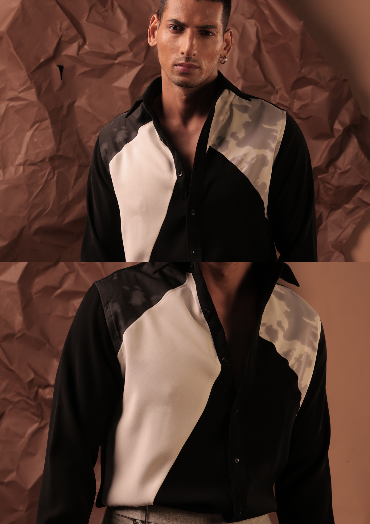 Man wearing HORD Study Of Contradiction black and cream shirt with camo shoulder accent, full body and detail collage