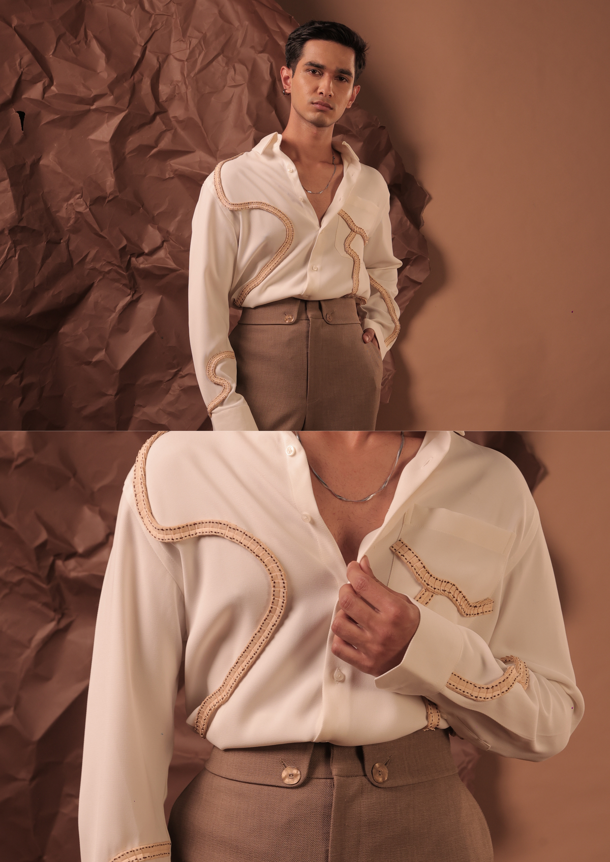 Man wearing HORD Racing Track ivory shirt with tan cord piping, full body and detail collage