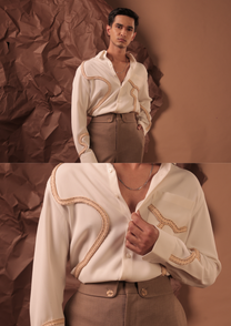 Man wearing HORD Racing Track ivory shirt with tan cord piping, full body and detail collage