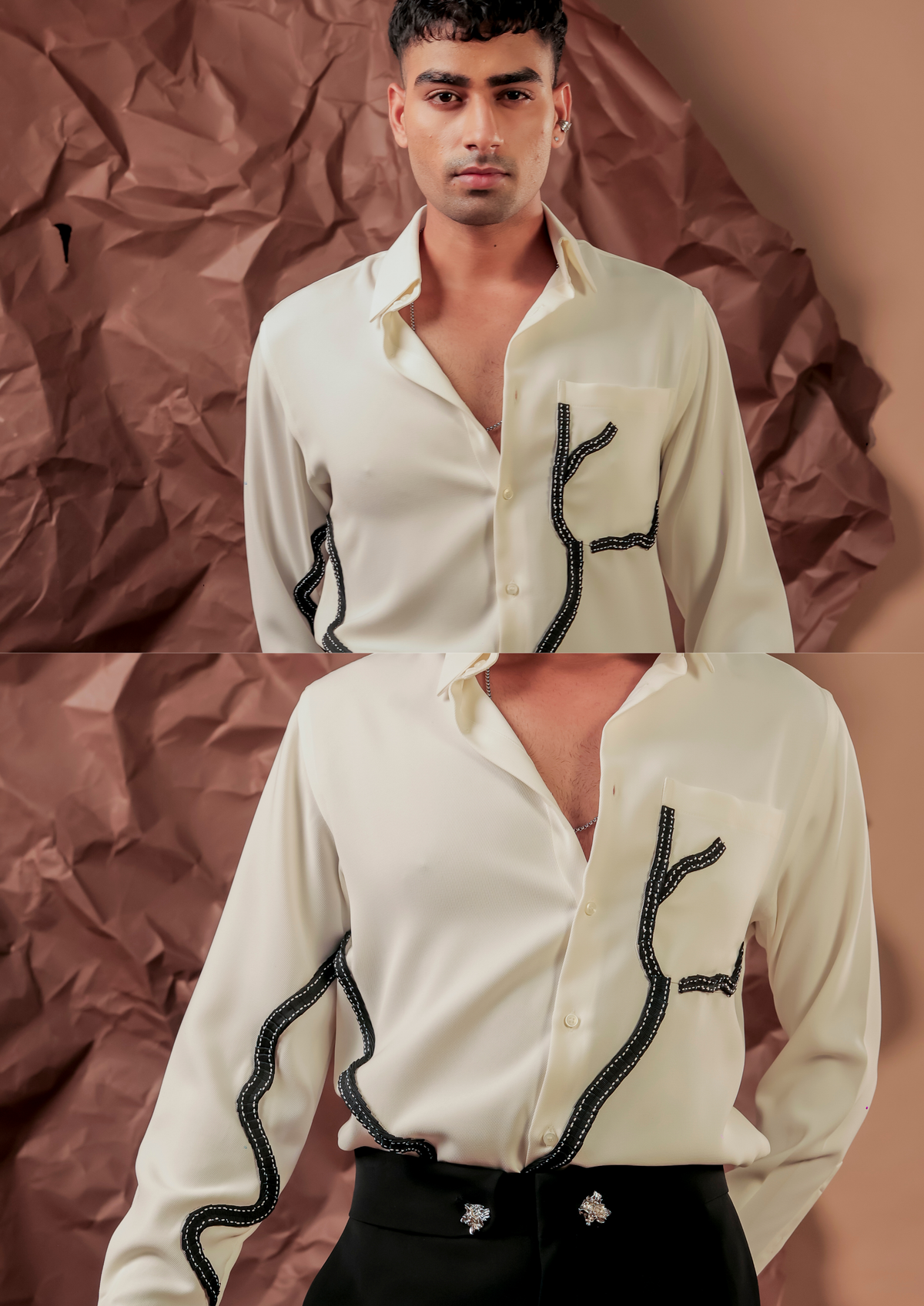 Man wearing HORD Short Circuit ivory shirt with black branching circuit print, full body and detail collage