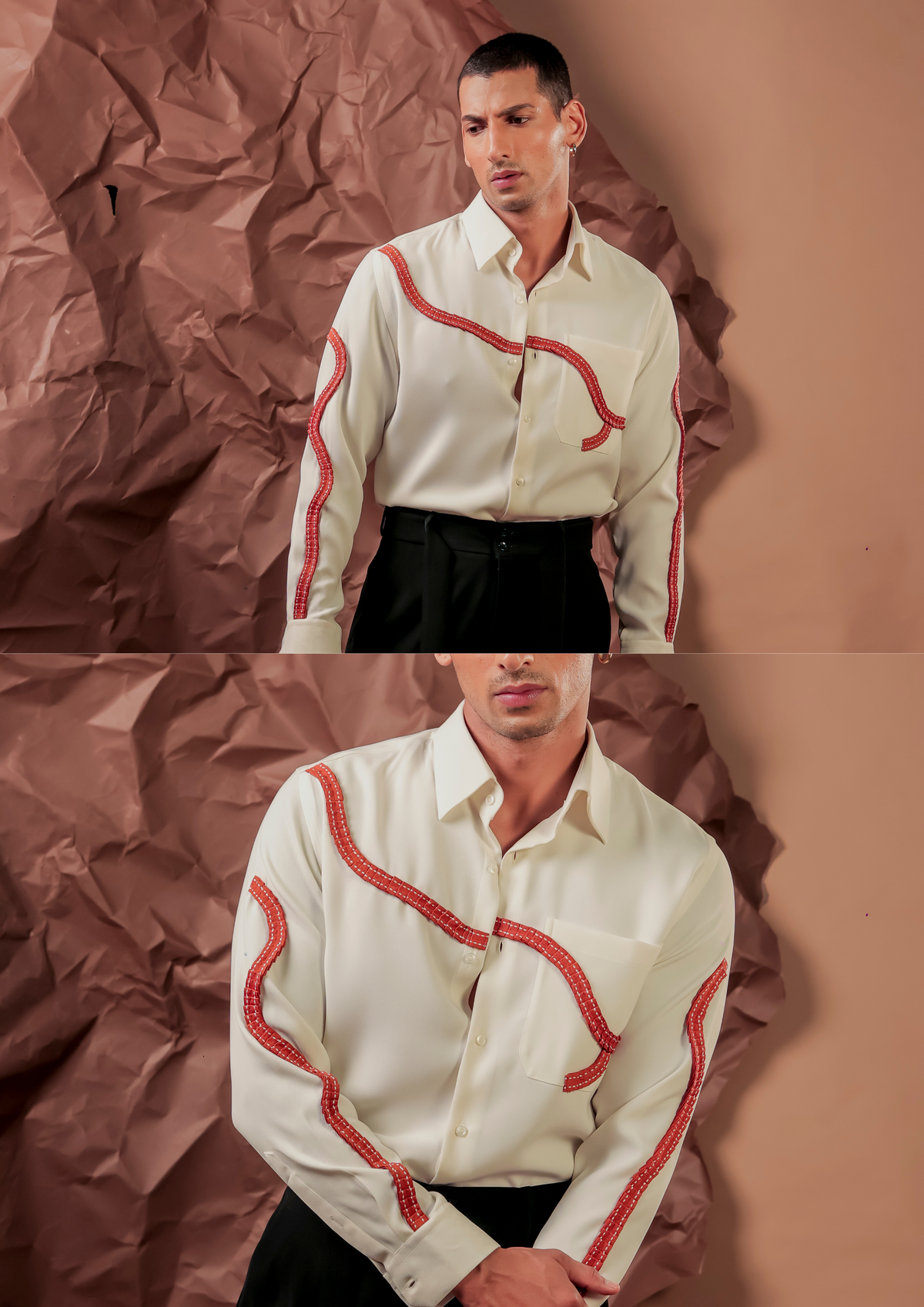 Man wearing HORD Split End ivory shirt with red cord piping, full body and detail collage