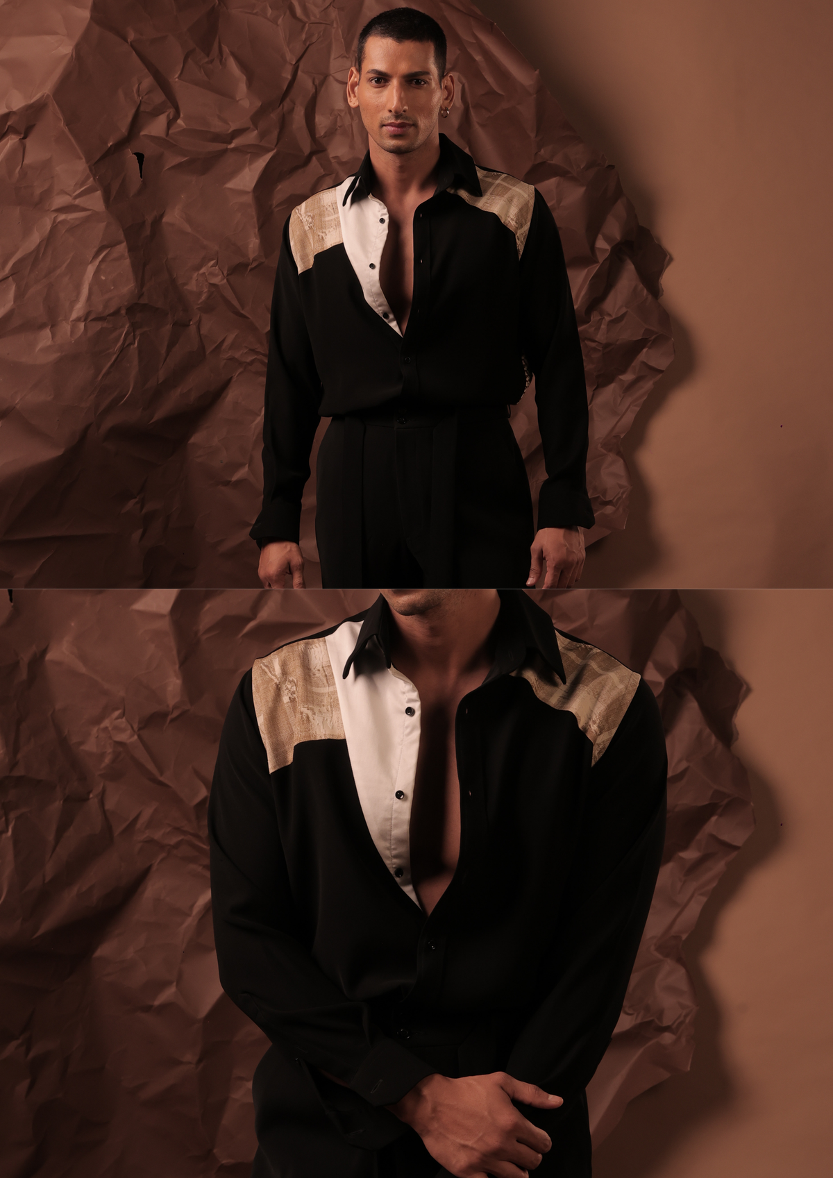 Man wearing HORD Constructive Collision black shirt with cream and gold satin shoulder panels, full body and detail collage